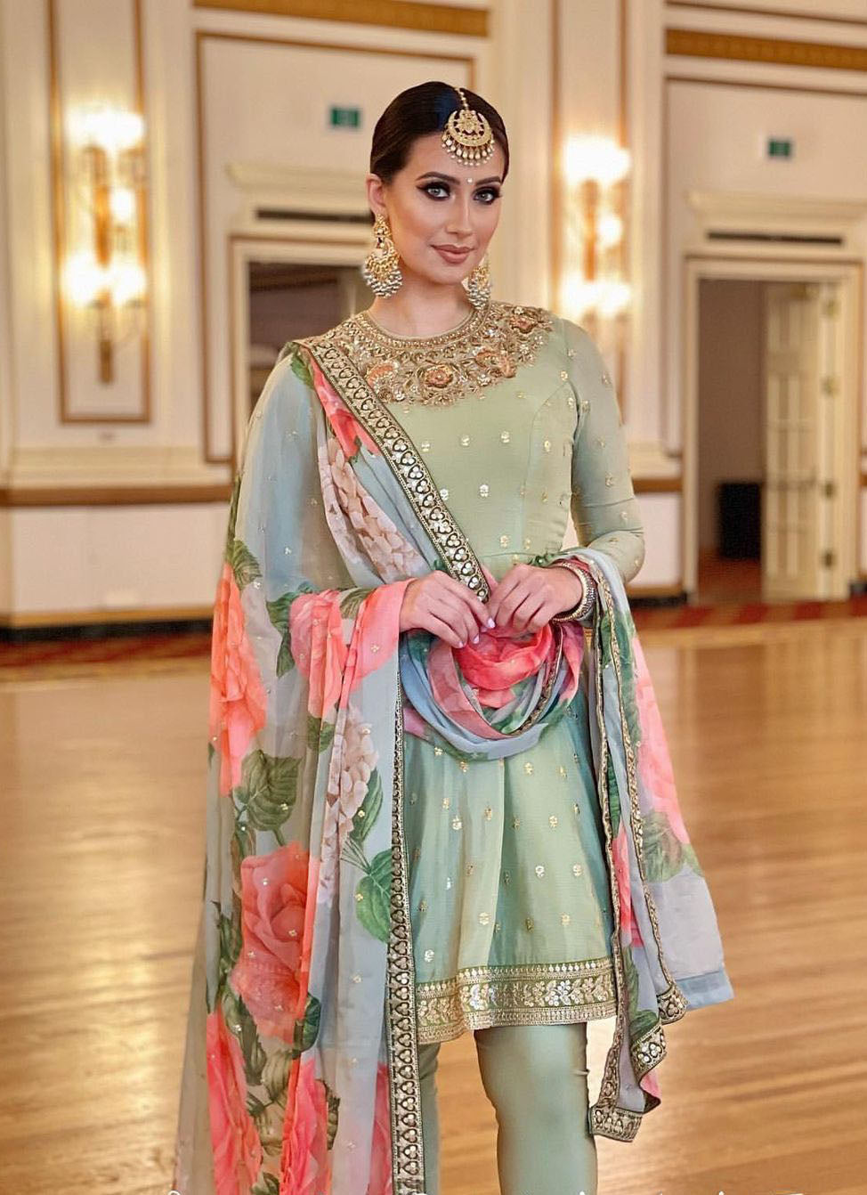 Fancy Pista Color Sequence Work Salwar Suit With Multicolor Dupatta