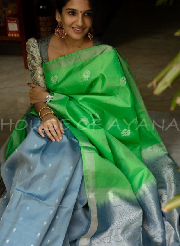 Parrot Green and Grey Color Banarasi Silk Saree