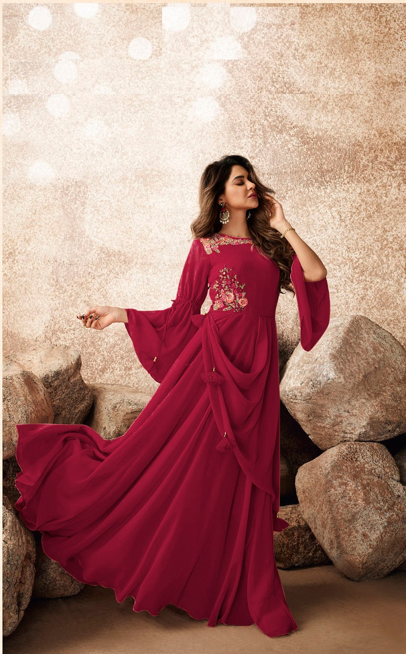 Beautiful Maroon Color Embroidered Work Georgette Gown