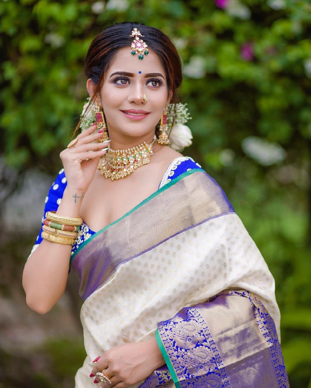 Off White and Blue Golden Work Saree