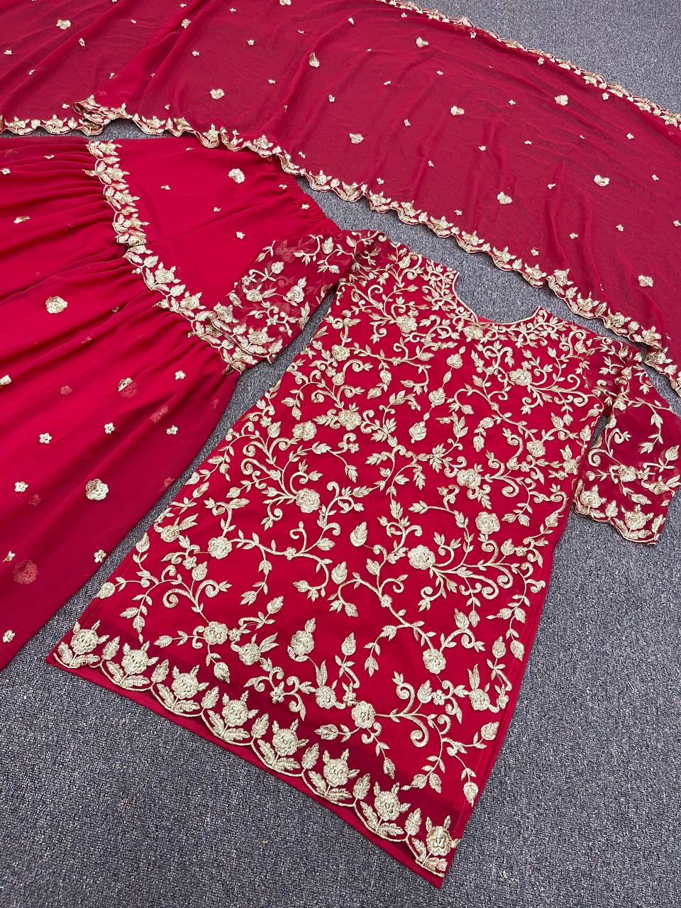 Awesome Red Color Full Embroidery Work Sharara Suit