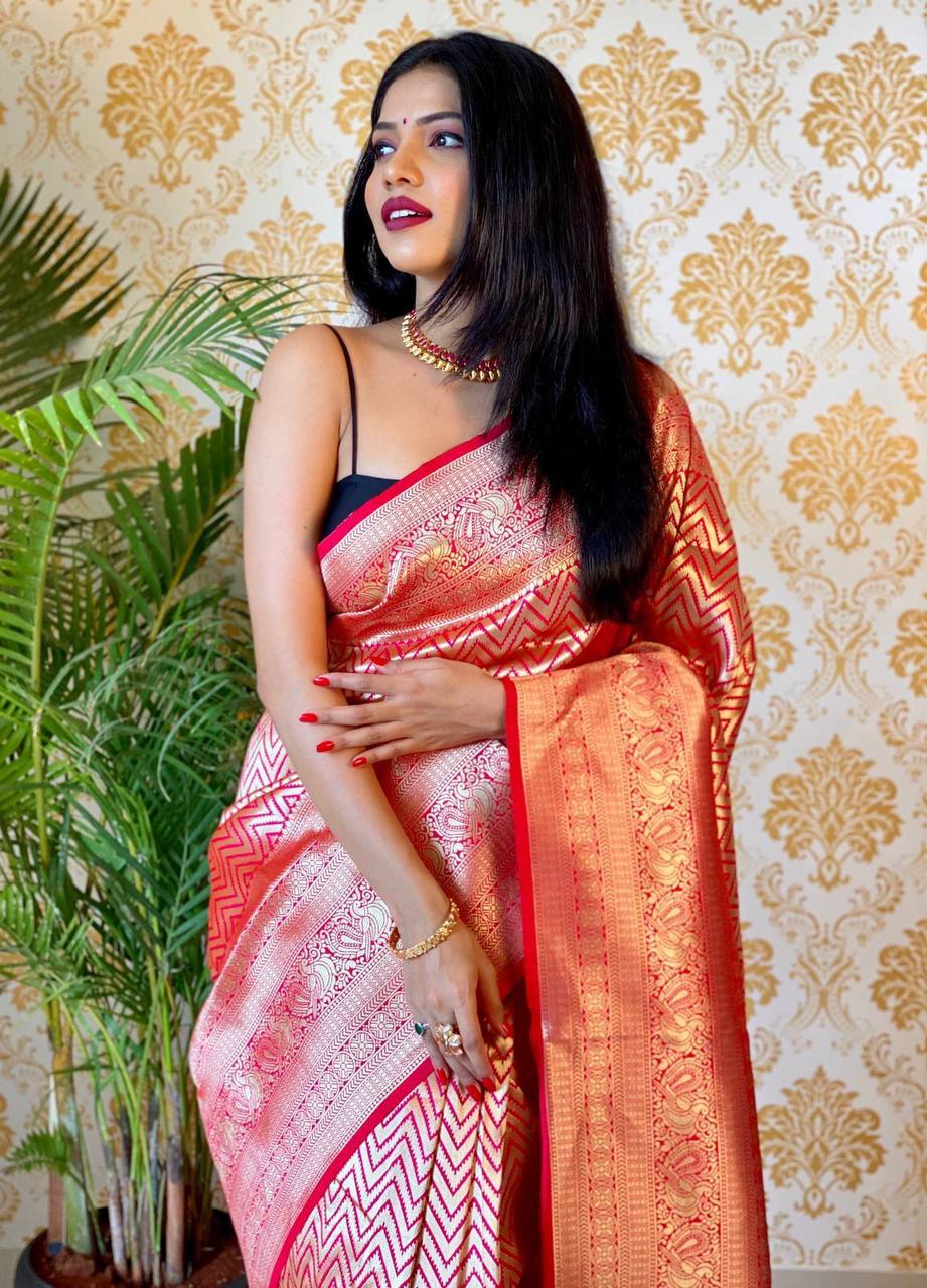 Preferable Red Color Banarasi Silk Zari Weaving Saree