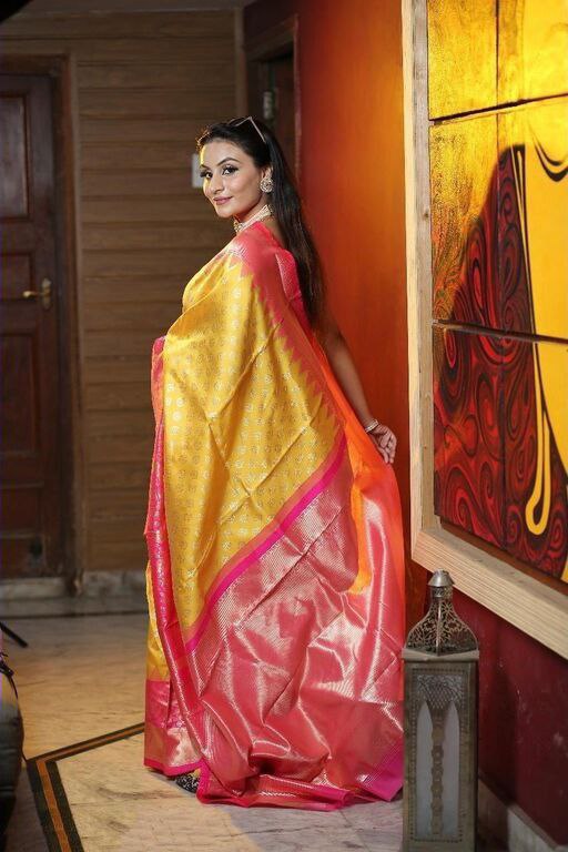 Fantastic Yellow With Pink Color Soft Lichi Silk Party Wear Saree