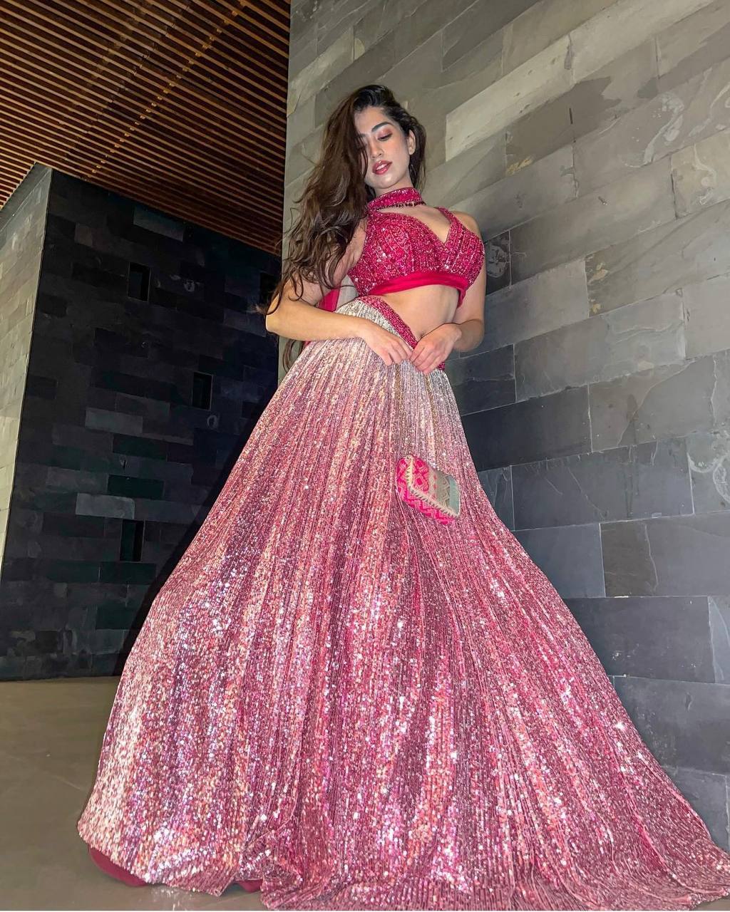 Stunning Pink And Silver-Toned Sequence Work Lehenga Choli