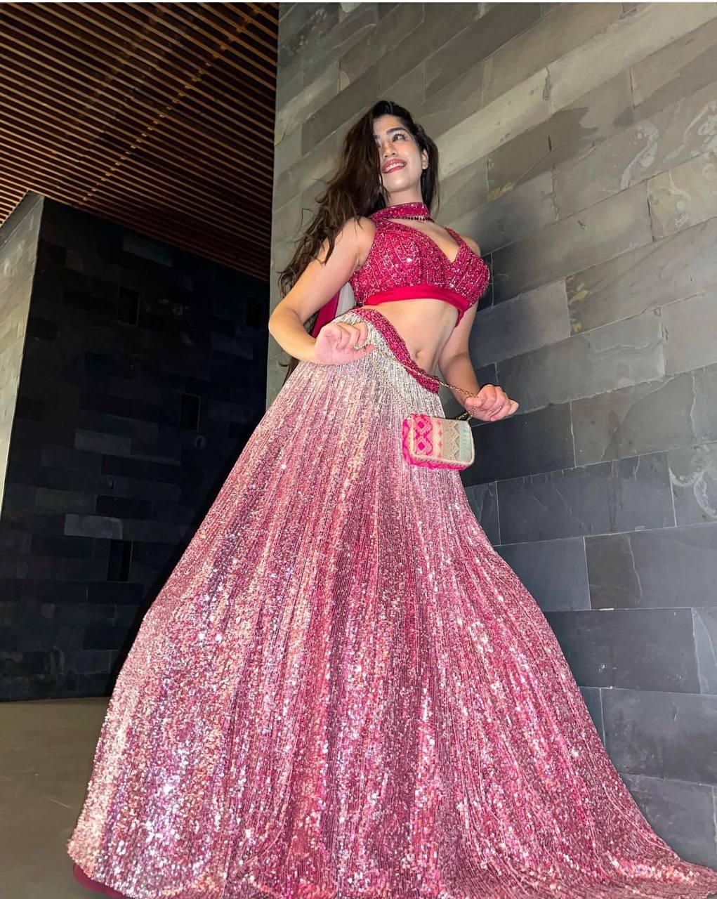Stunning Pink And Silver-Toned Sequence Work Lehenga Choli