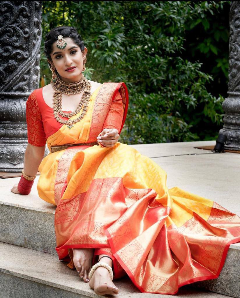 Fancy Yellow With Red Color  Saree