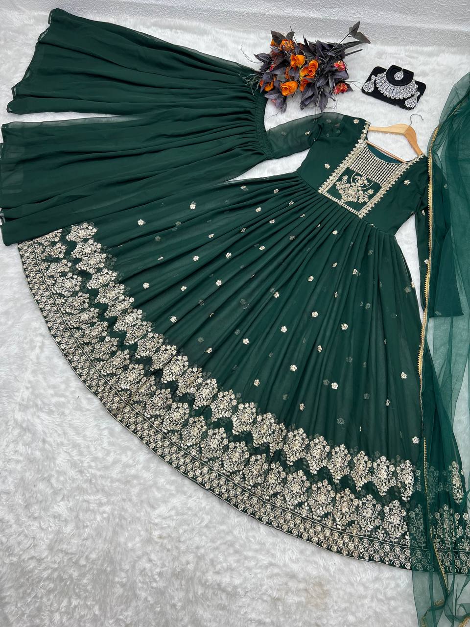 Exclusive Dark Green Color Embroidery Sequence Work Plazzo Suit