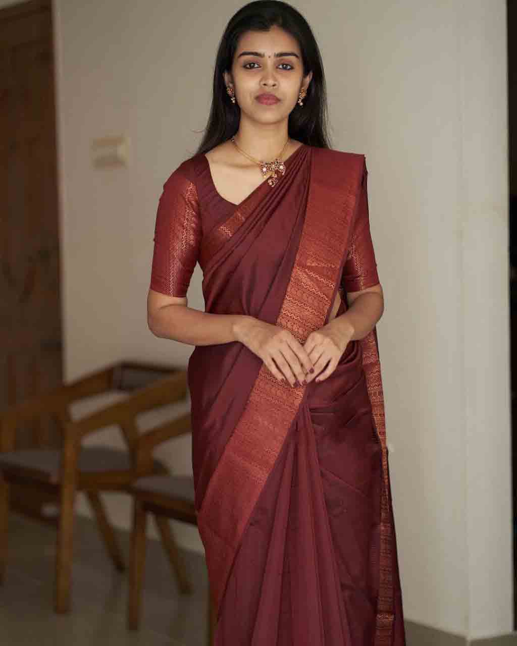 Stunning Maroon Color Soft Silk Coper Zari Weaving Saree