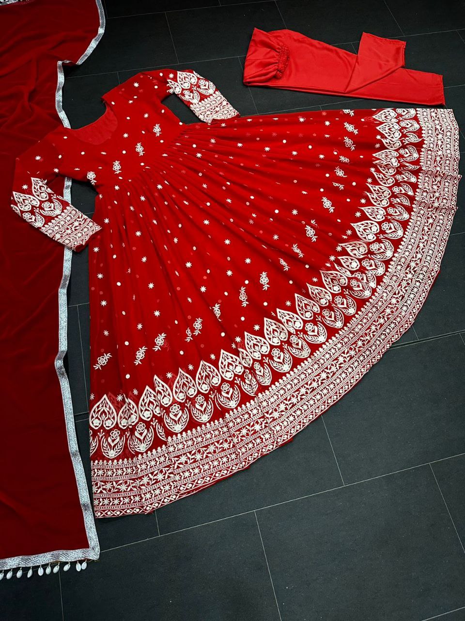 Glorious Red Color Embroidery Work Designer Gown