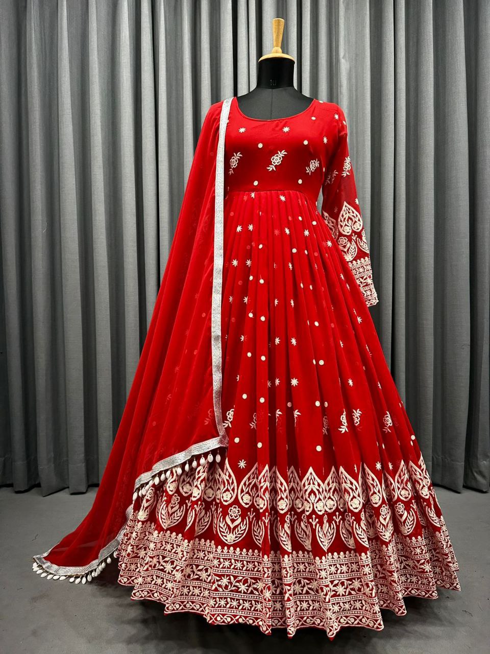 Glorious Red Color Embroidery Work Designer Gown