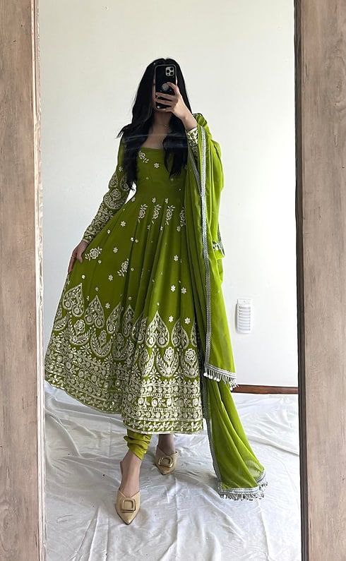 Glorious Parrot Green Color Embroidery Work Designer Gown