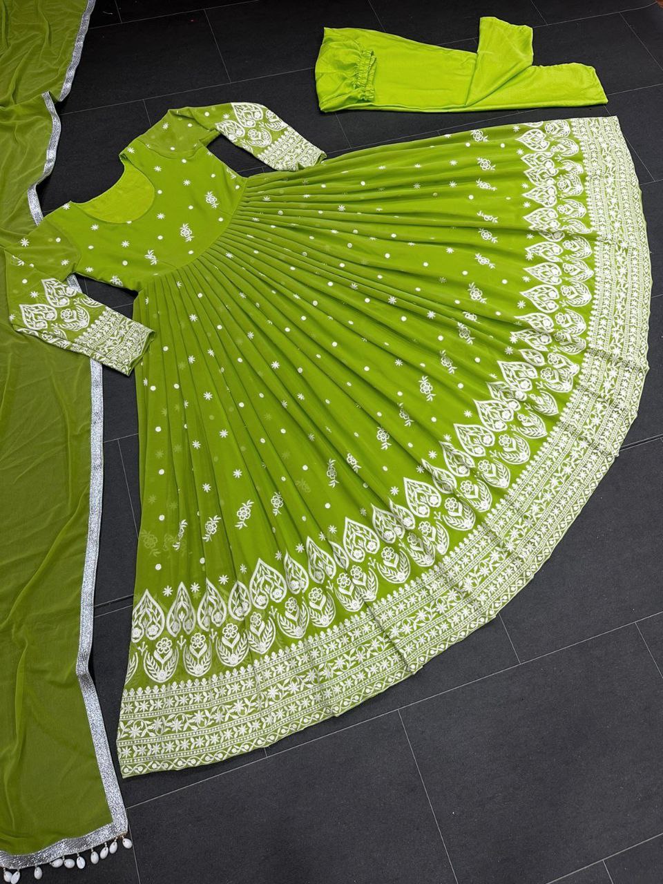 Glorious Parrot Green Color Embroidery Work Designer Gown