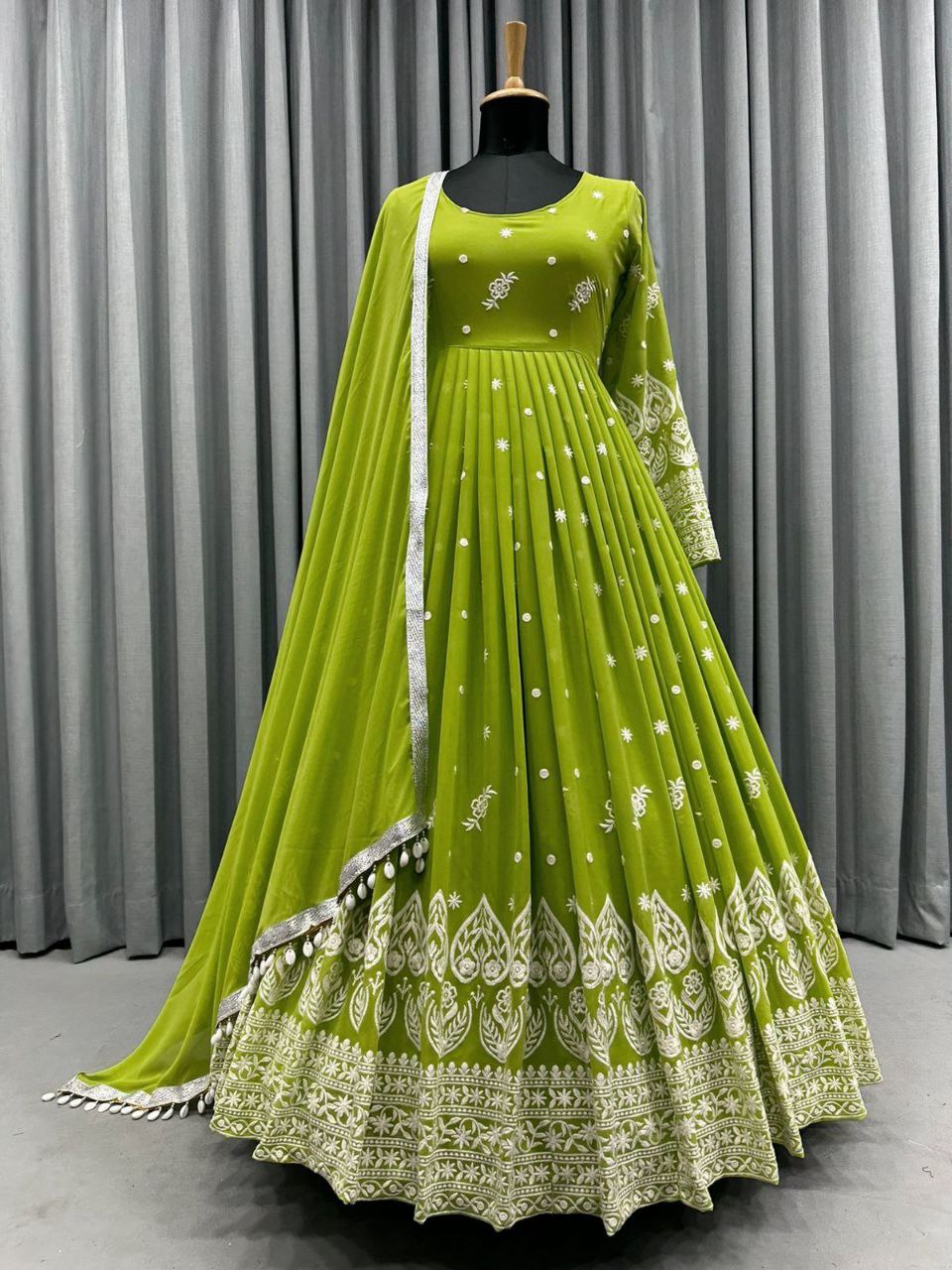 Glorious Parrot Green Color Embroidery Work Designer Gown