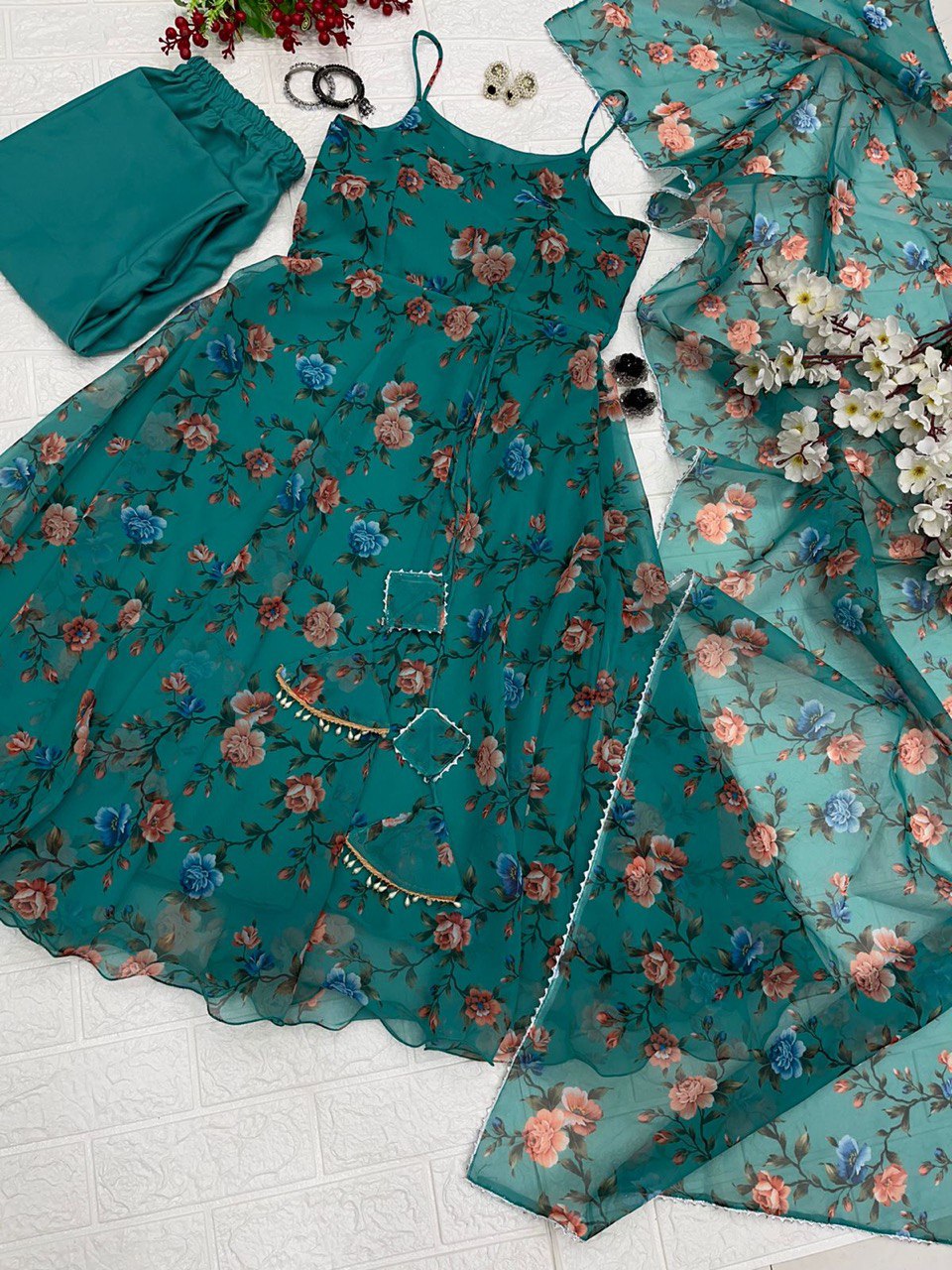 Exclusive Green Color Flower Printed Anarkali Gown