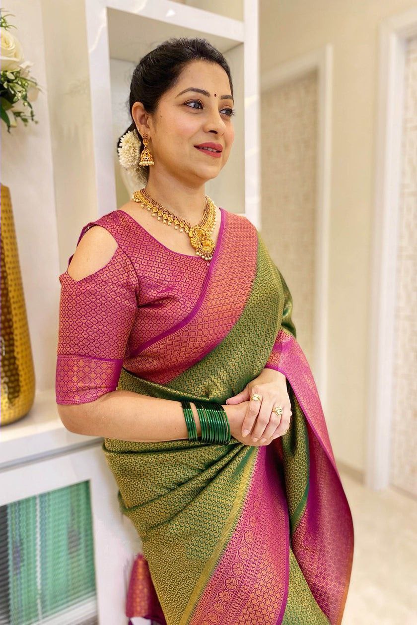 Bina Leaf Green Organza Silk Saree With Prettiest Blouse – Zariknyaa