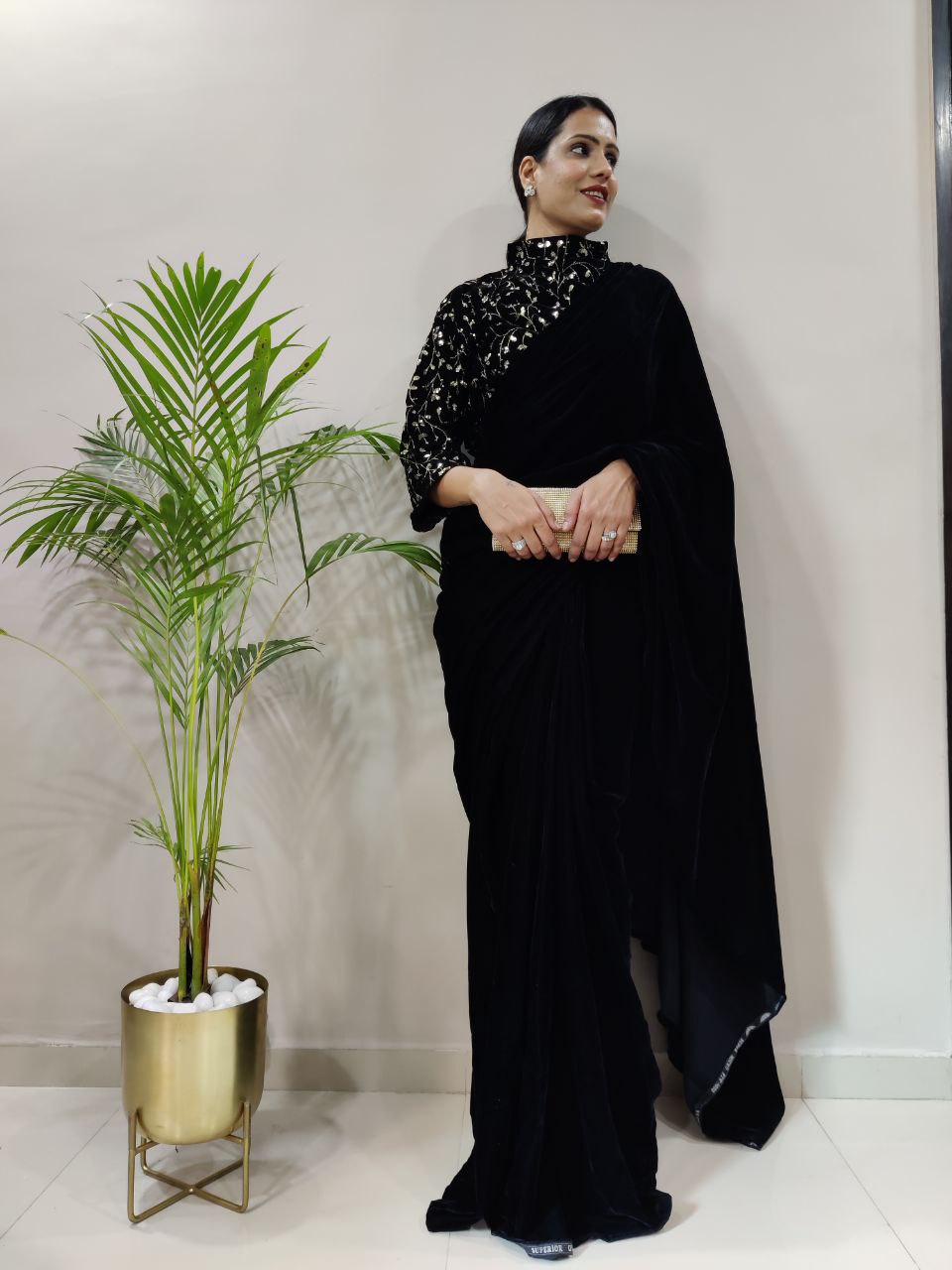 Ready To Wear Black Color Party Wear Velvet Saree
