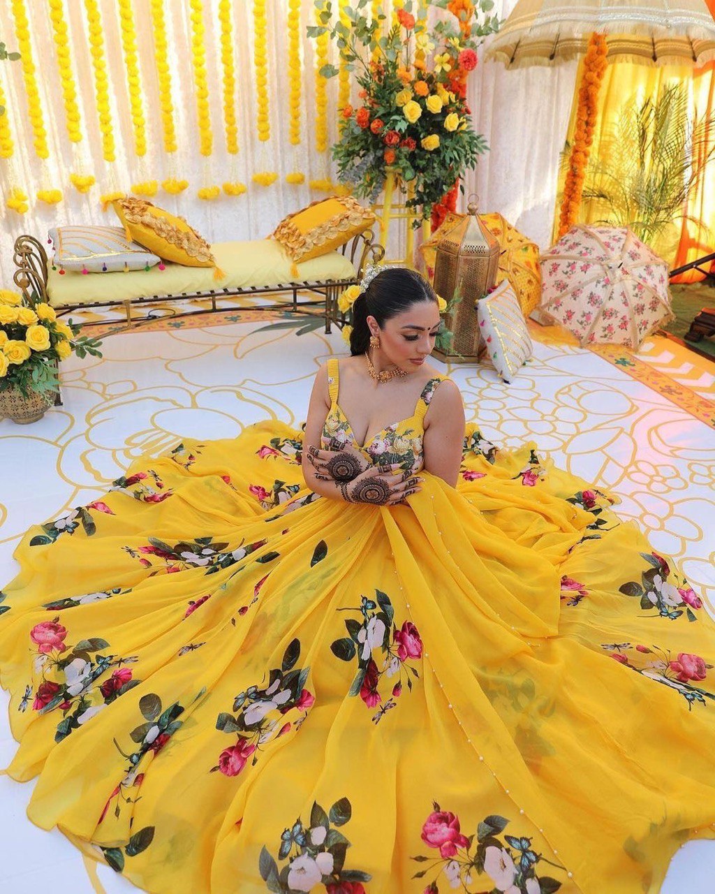 Haldi Outfit Yellow Color Georgette Printed Beautiful Lehenga Choli