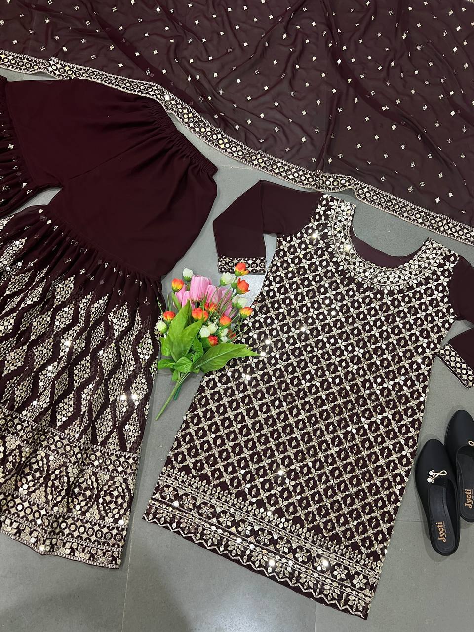 Unique Style Brown Color Heavy Sequence Work Sharara Suit