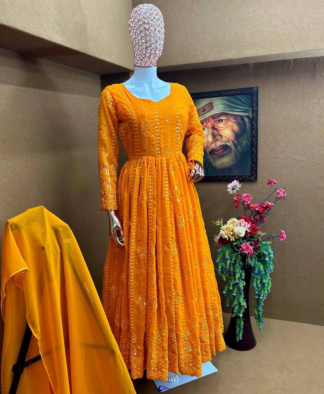Haldi Spicale  Mustard Color Embroidery Work Anarkali Gown
