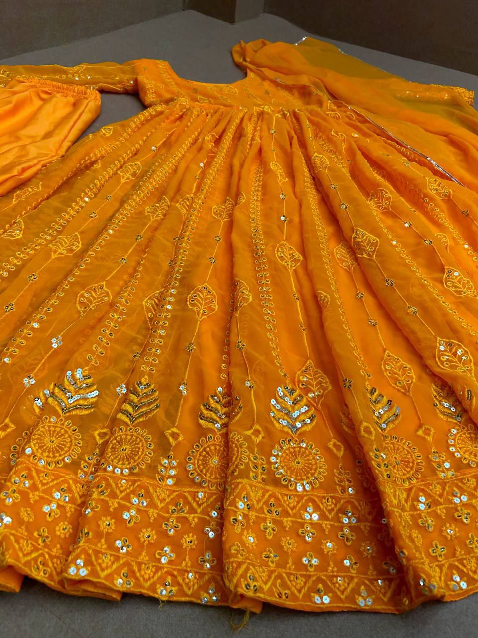 Haldi Spicale  Mustard Color Embroidery Work Anarkali Gown