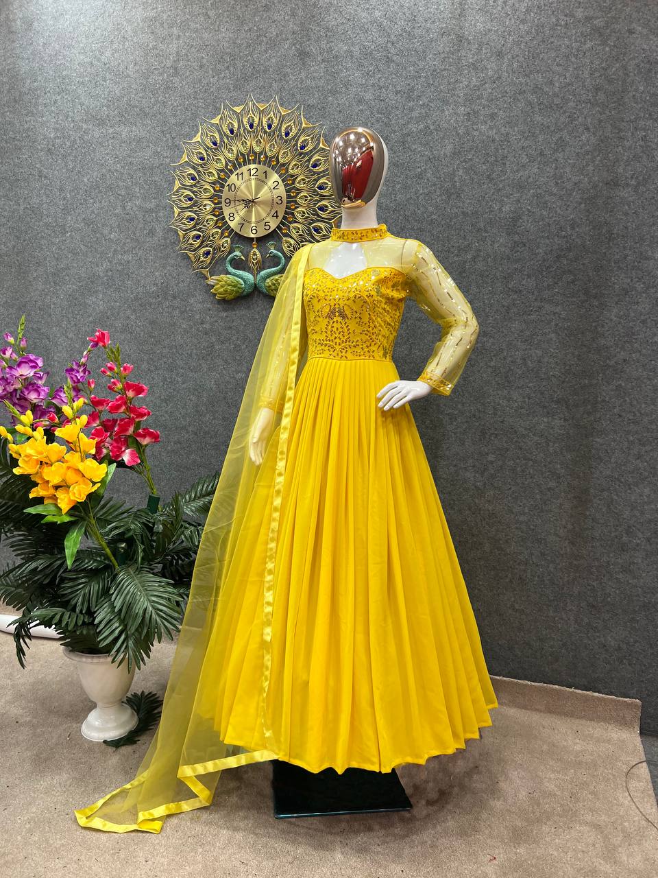 Celebrity Style Luxuriant Yellow Color Sequence Work Gown