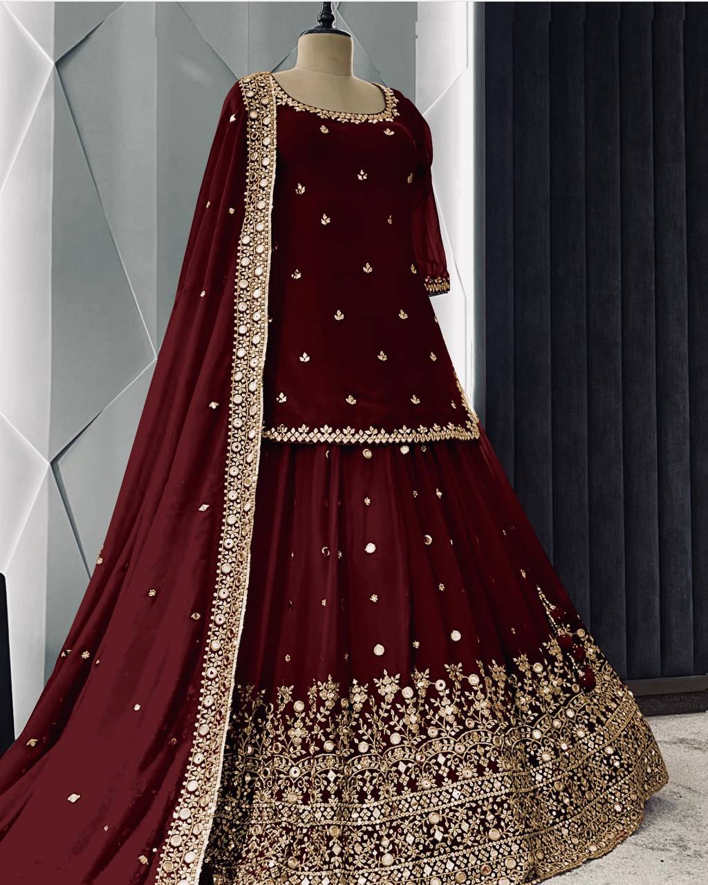 Marvelous Embroidery Work Maroon Color Lehenga With Top