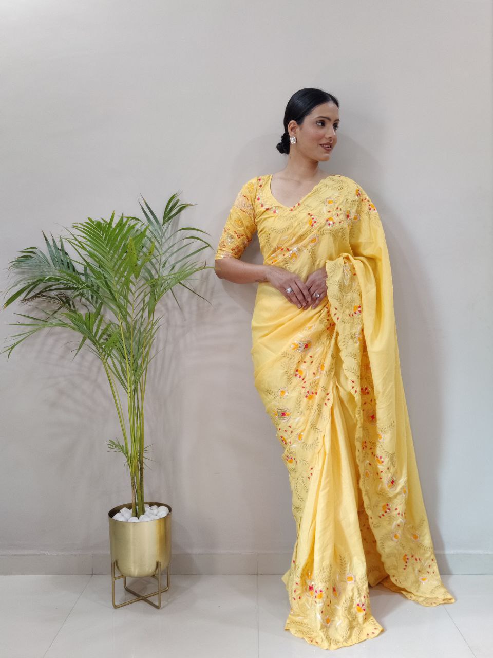 Exclusive Ready To Wear Yellow Color Silk Saree