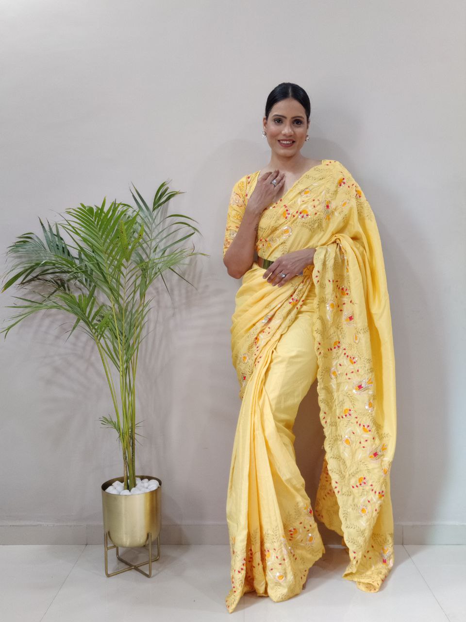 Exclusive Ready To Wear Yellow Color Silk Saree