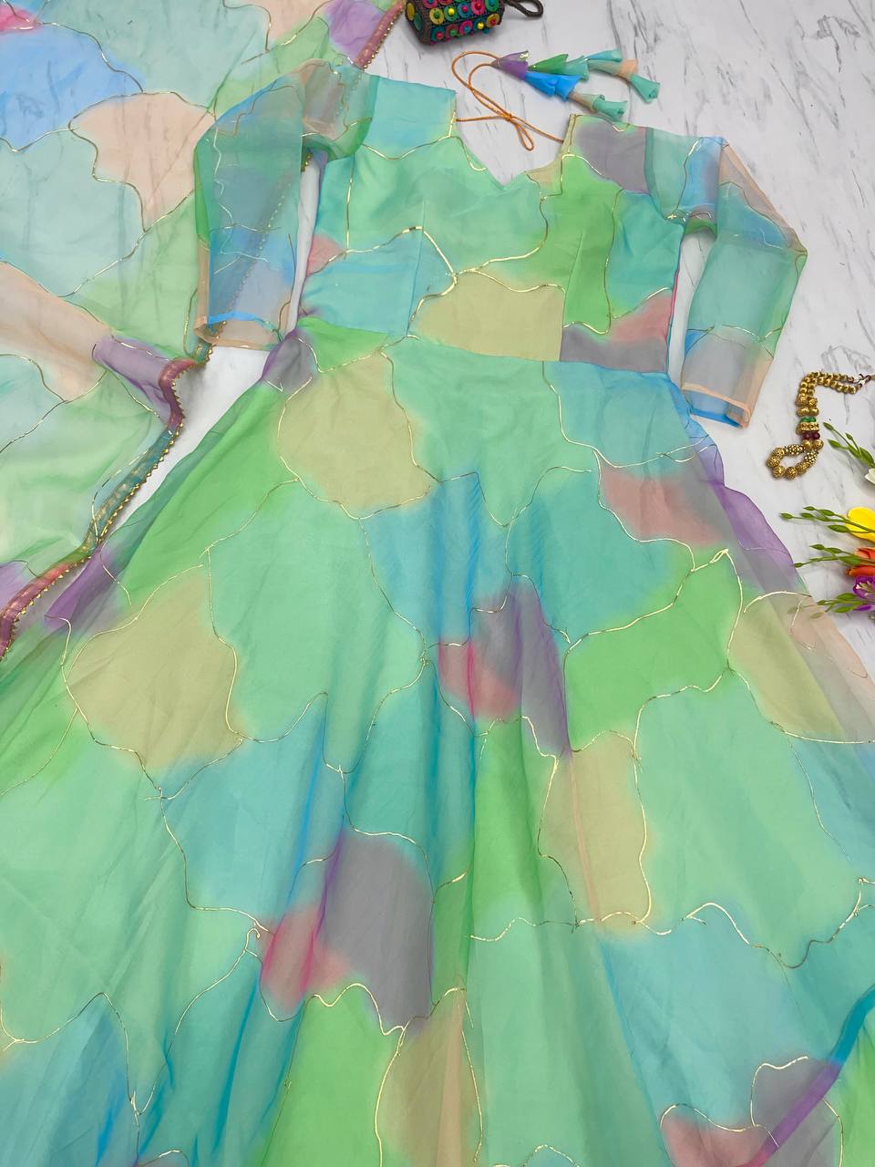 Foil Digital Print Multi With Green Color Gown