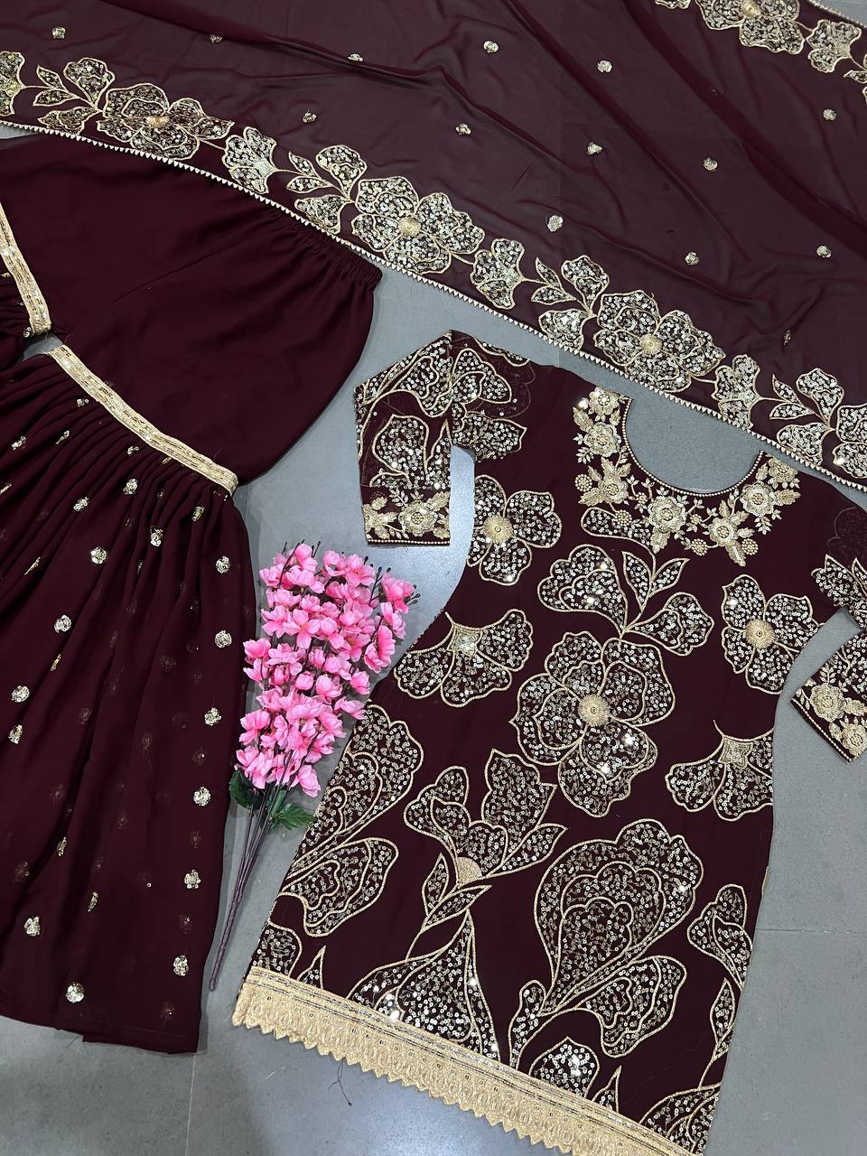 Wine Color Embroidery Sequence Stylish Sharara Suit