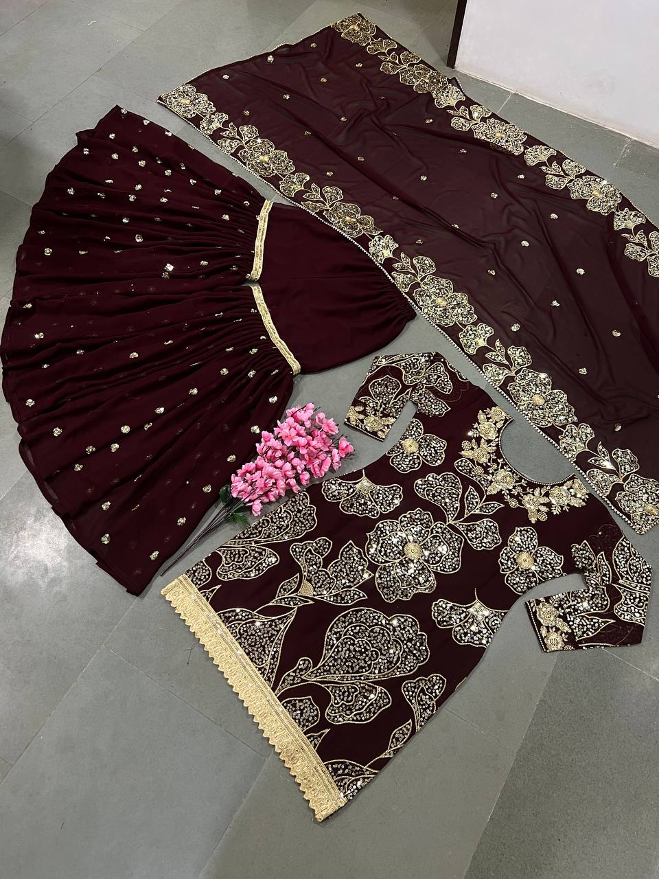 Wine Color Embroidery Sequence Stylish Sharara Suit