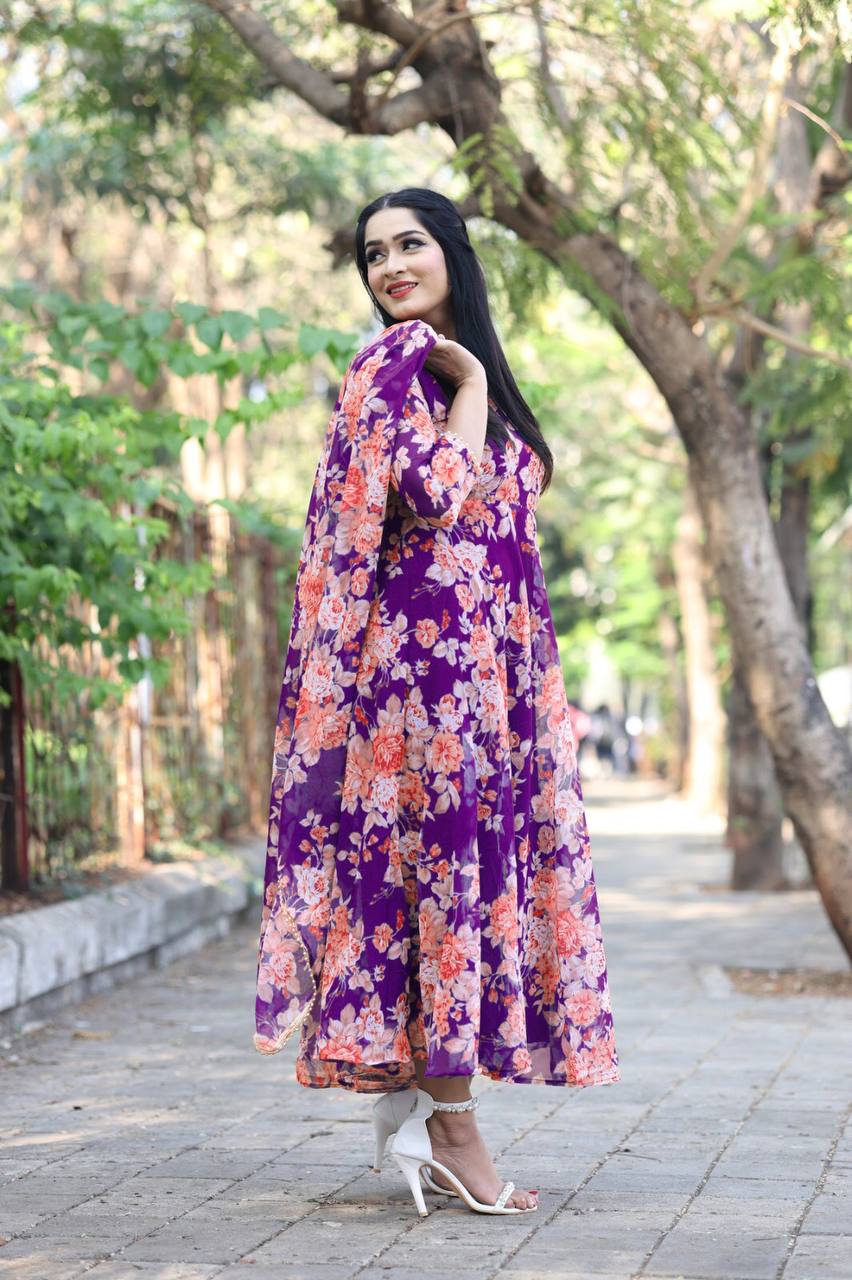 Casual Wear Purple Color Flower Printed Gown