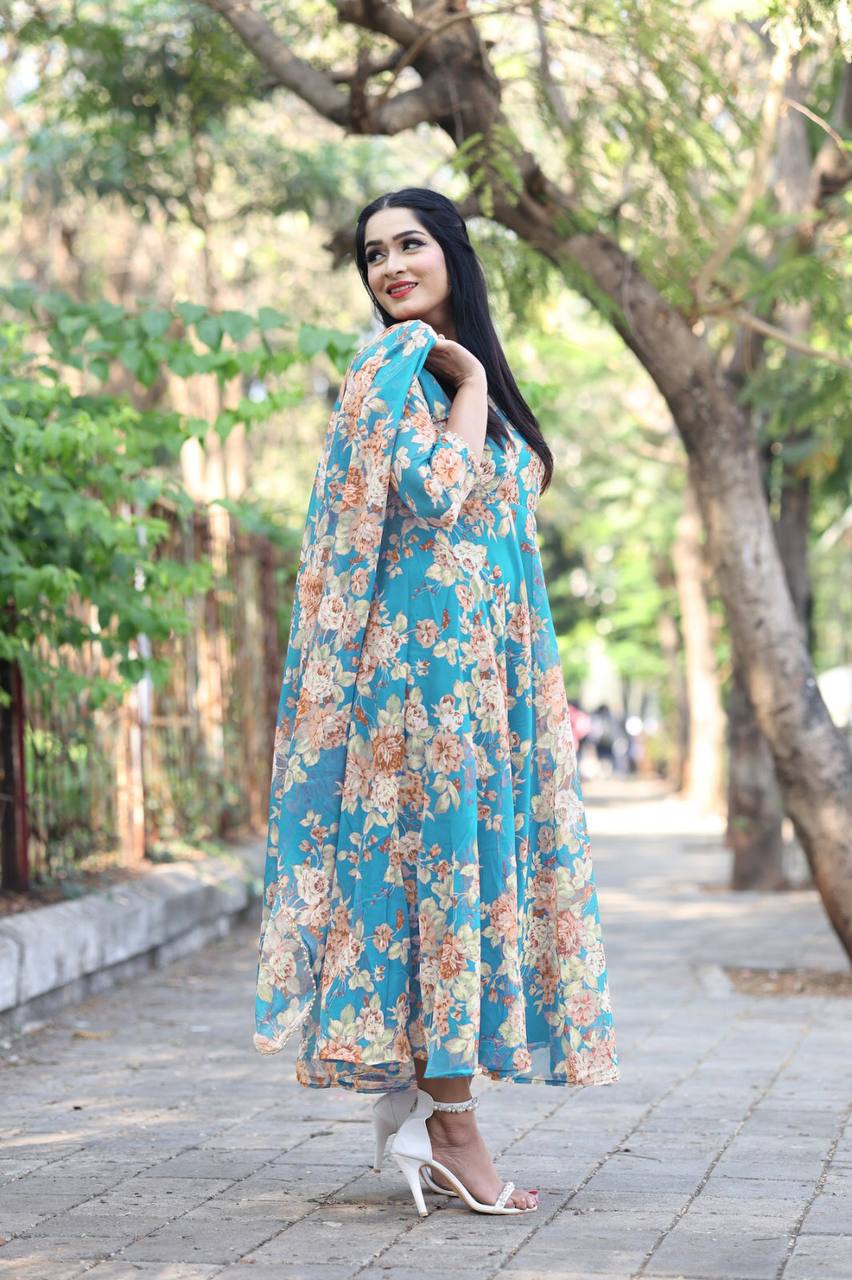Casual Wear Sky Blue Color Flower Printed Gown