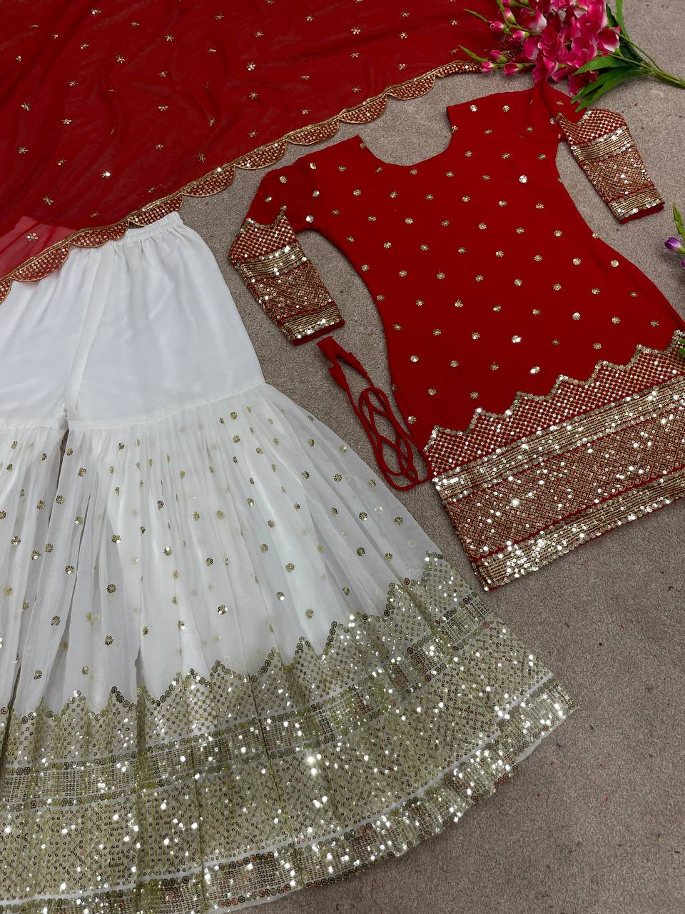 Lovely Red Color Sequence Embroidered Sharara Suit