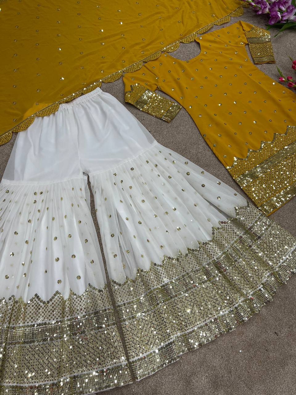 Lovely Yellow Color Sequence Embroidered Sharara Suit