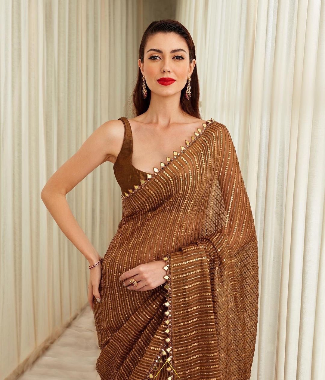 Party Wear Brown Color Sequence Saree