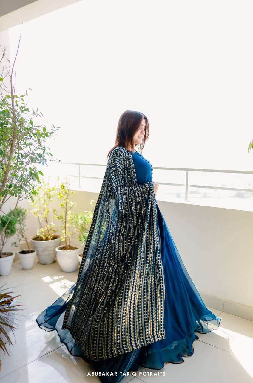 Amazing Teal Blue Color Gown With Heavy Dupatta