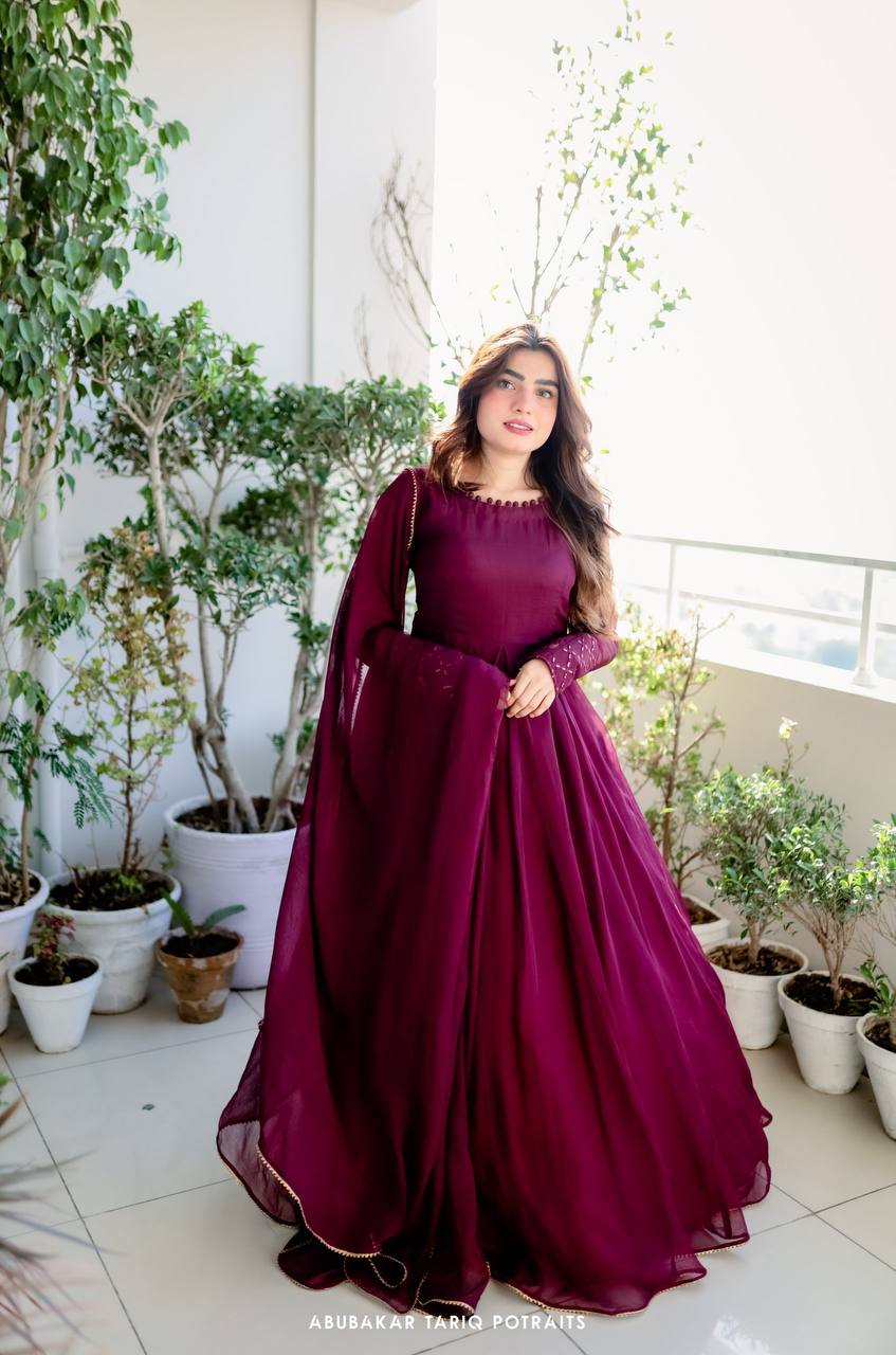Full Sleeve Wine Color Work Gown