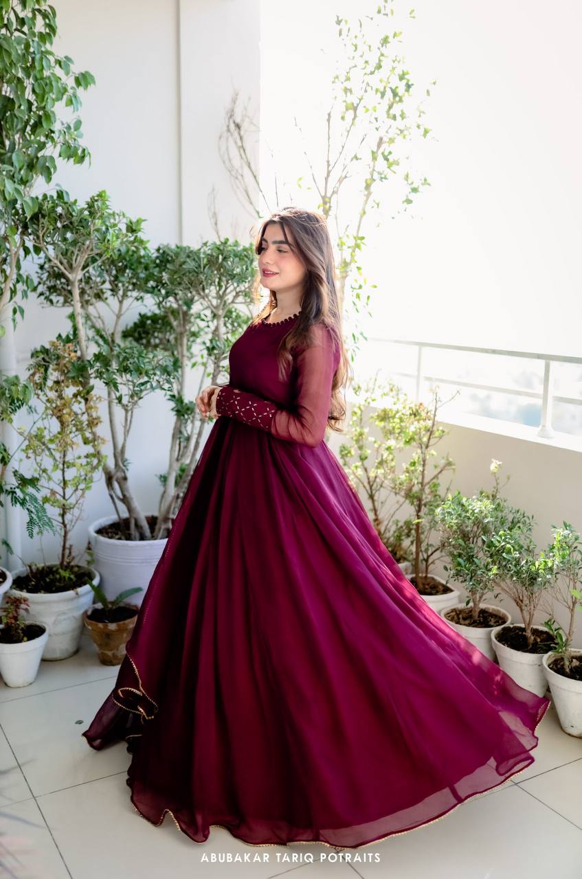 Full Sleeve Wine Color Work Gown