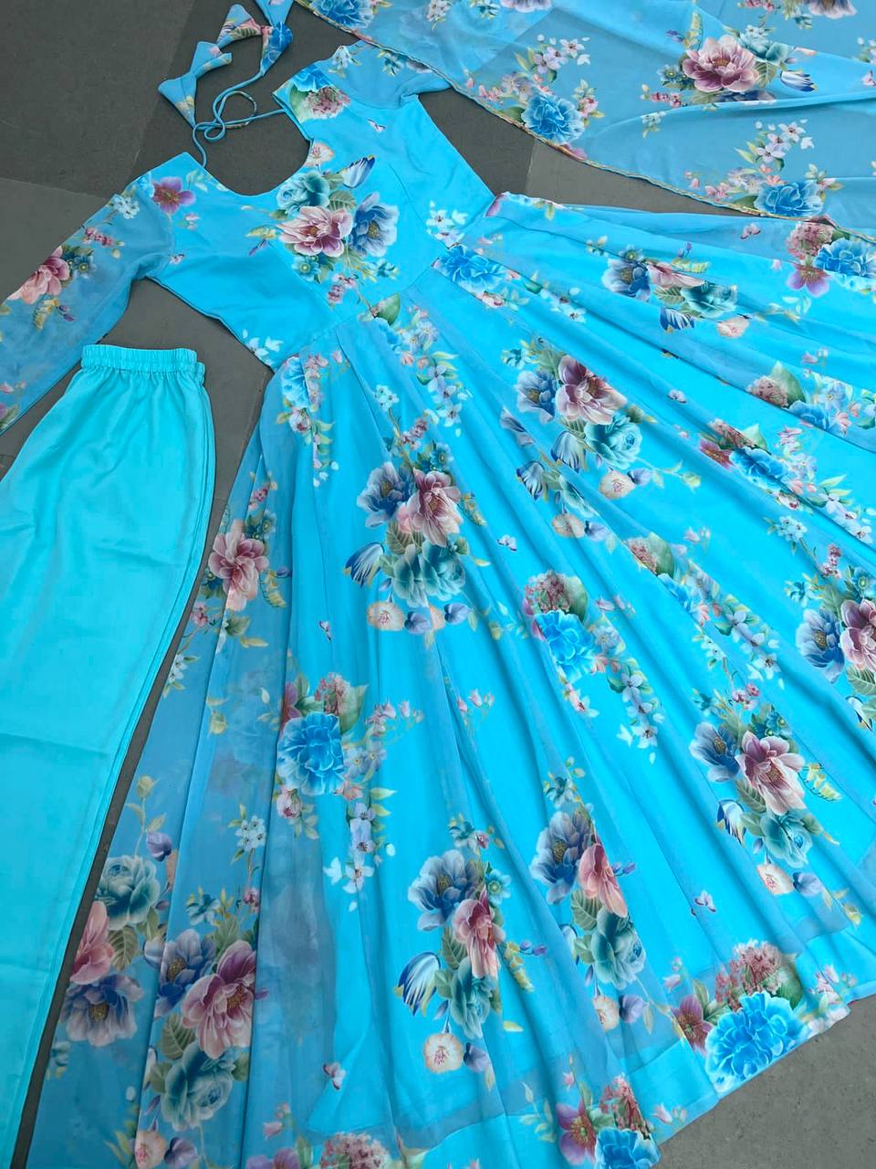 Casual Wear Sky Blue Color Digital Printed Gown