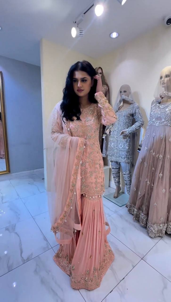 Light Pink Color Glorious Sequence Work Sharara Suit