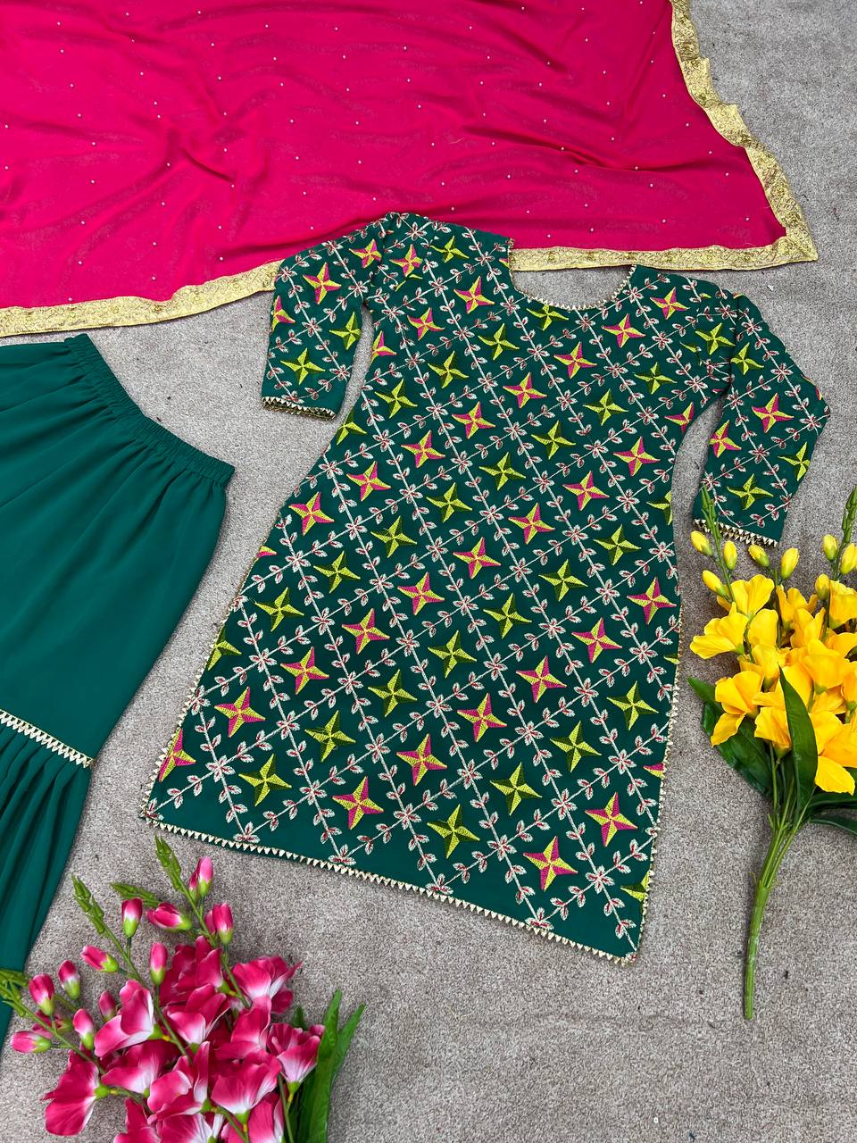 Glossy Embroidery Work Green Color Sharara Suit