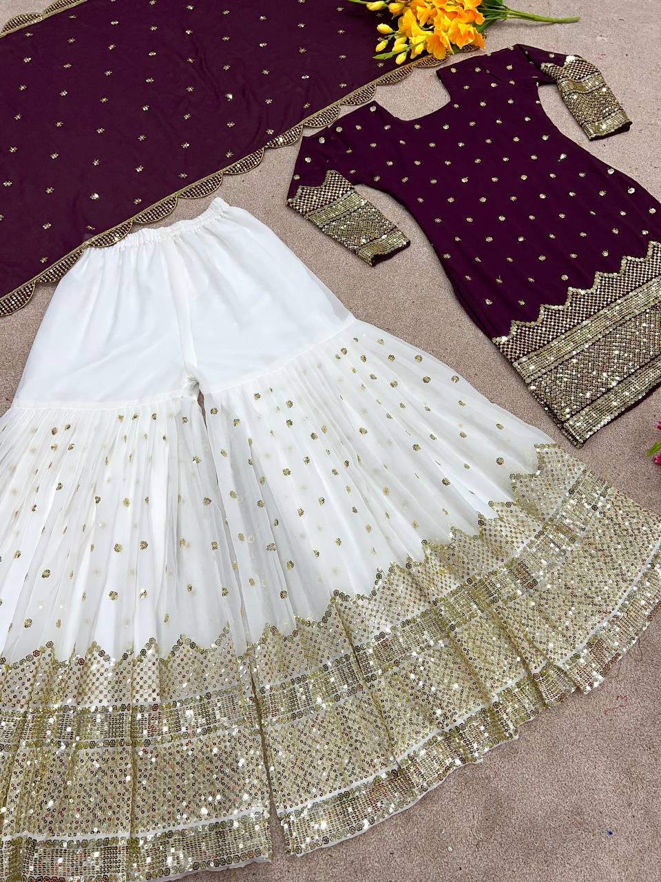 Lovely Wine Color Sequence Embroidered Sharara Suit