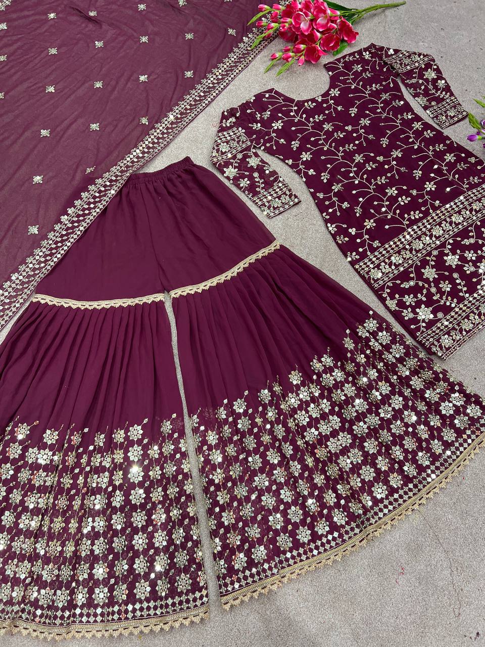 Exclusive Sequence Embroidery Work Wine Sharara Suit