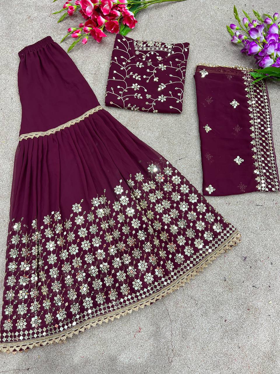Exclusive Sequence Embroidery Work Wine Sharara Suit