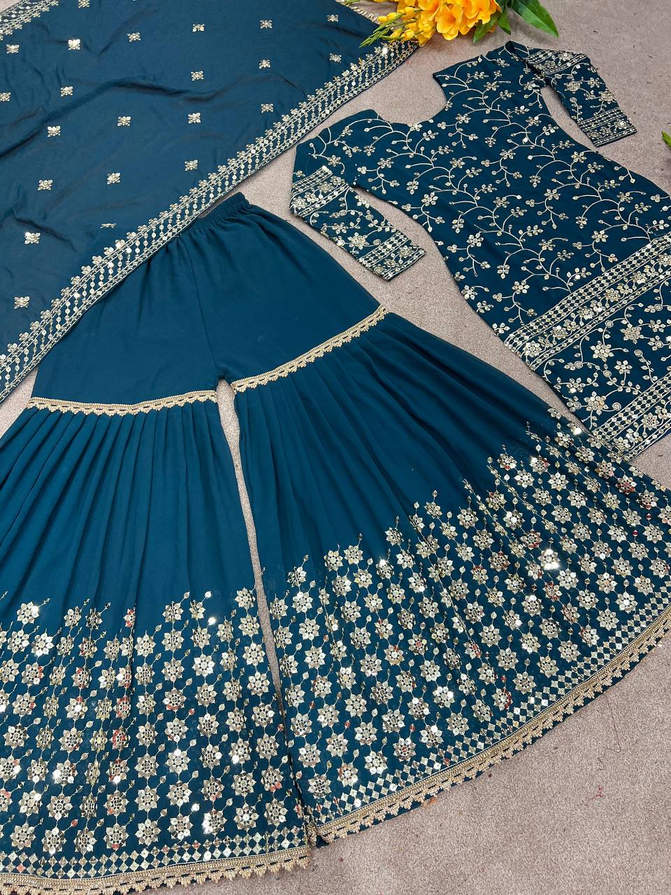 Exclusive Sequence Embroidery Work Teal Blue Sharara Suit