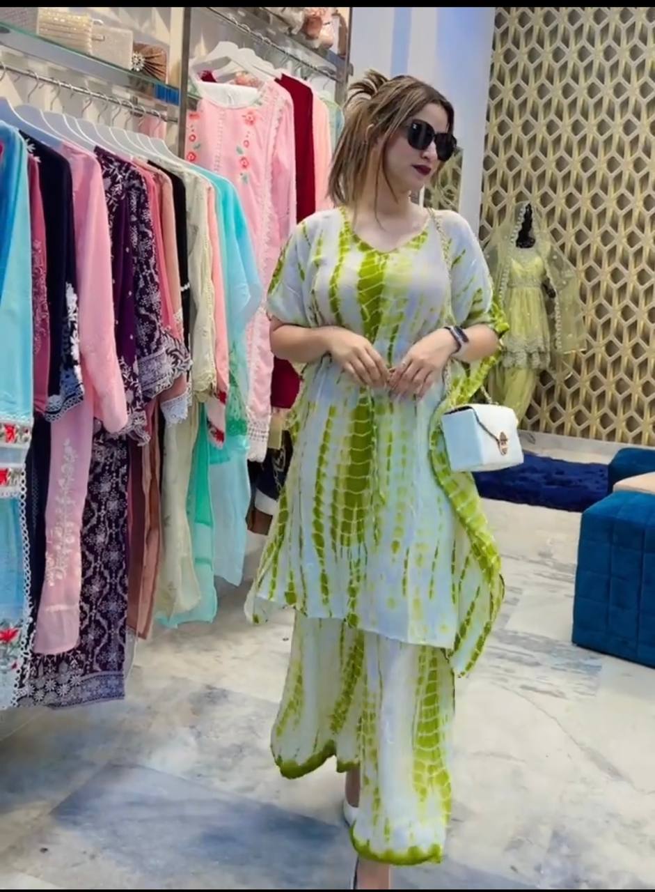 Fashionable Printed Parrot Green Color Kaftan With Palazzo