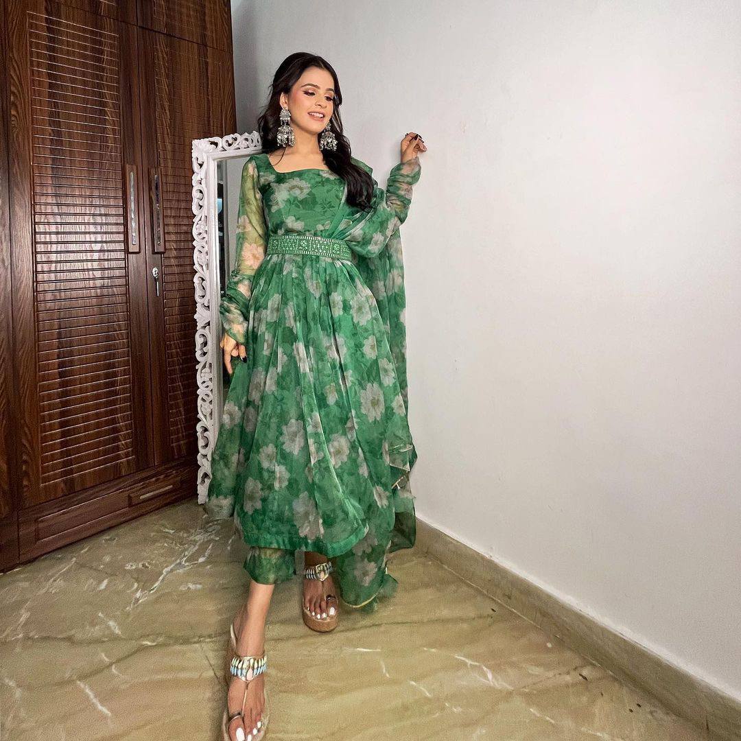 Digital Printed Fabulous Green Color Gown