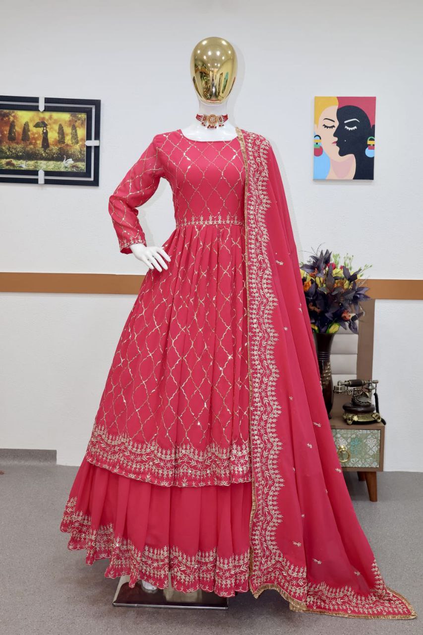 Elegant Sequence Work Pink Color Long Suit With Lehenga