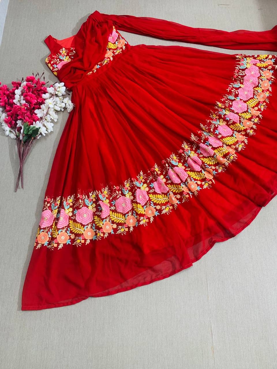 Fancy Pattern Embroidery Work Red Color Gown